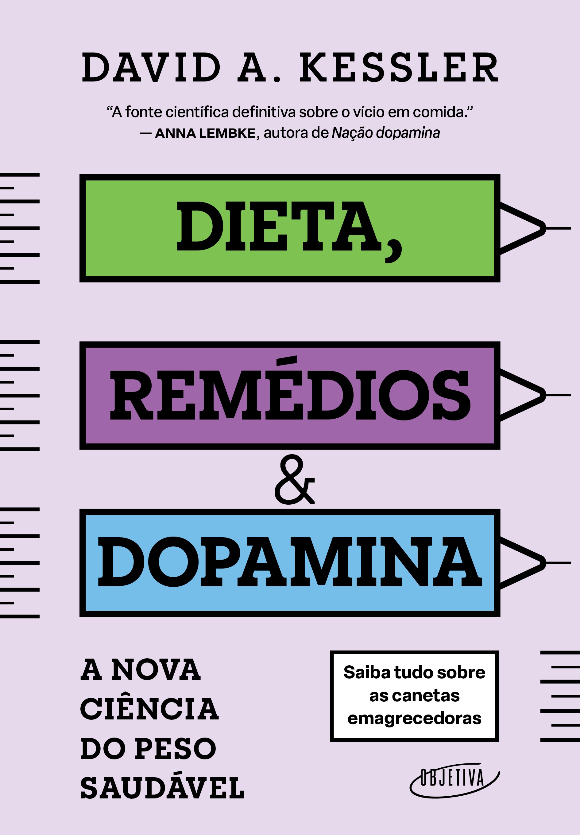 Capa do livro Dieta, Remédios & Dopamina de David A. Kessler, com título em blocos coloridos: verde, roxo e azul. Abaixo, A Nova Ciência do Peso Saudável e um box Saiba tudo sobre as canetas emagrecedoras. Logotipo da editora Objetiva