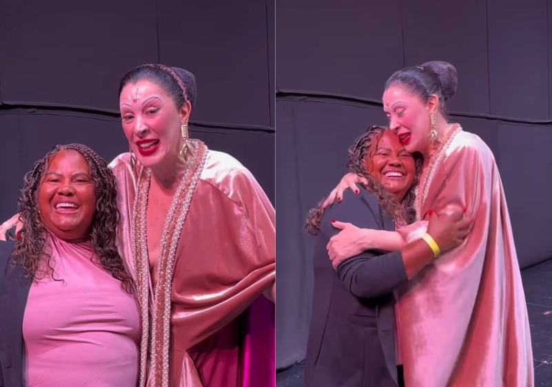 O encontro de Claudia Raia com Laurinha do Camarão, dona do bordão das praias