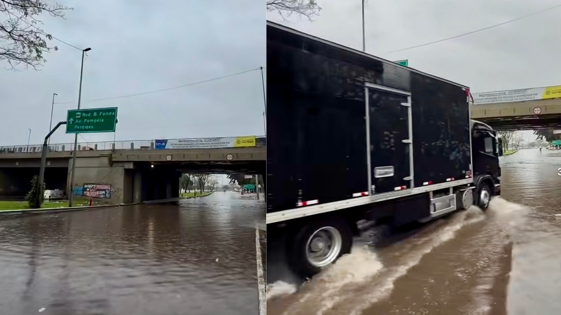 Marginal Tietê fica alagada após chuva forte e tem pistas bloqueadas em SP