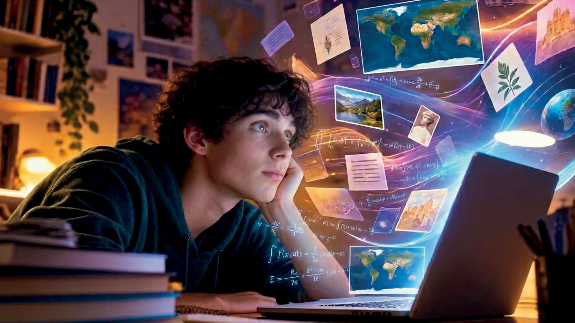 Jovem de cabelo cacheado escuro, vestindo moletom verde, olha pensativo para a tela de um notebook. Imagens de mapas, paisagens, textos e fórmulas matemáticas flutuam ao redor, sugerindo aprendizado e criatividade digital.