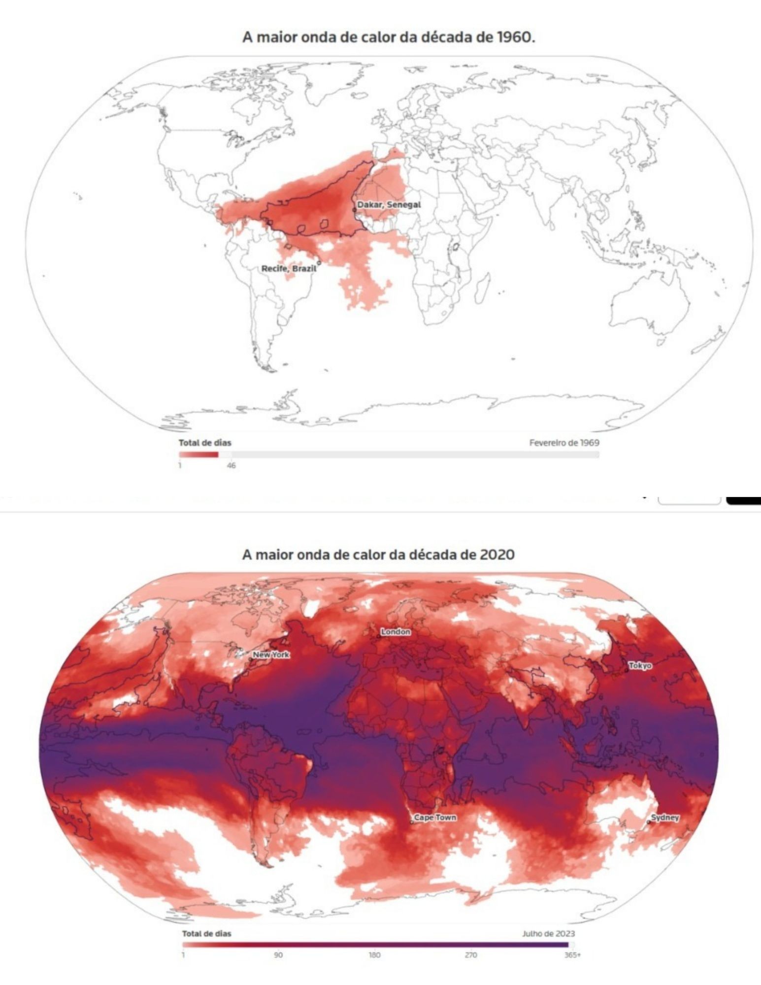 Dois mapas-múndi comparam ondas de calor. O primeiro, de 1969, mostra áreas vermelhas no Atlântico, África e Brasil. O segundo, de 2023, exibe vastas regiões em tons de vermelho e roxo, indicando calor intenso globalmente, com destaque para América do Norte, Europa, Ásia e Austrália