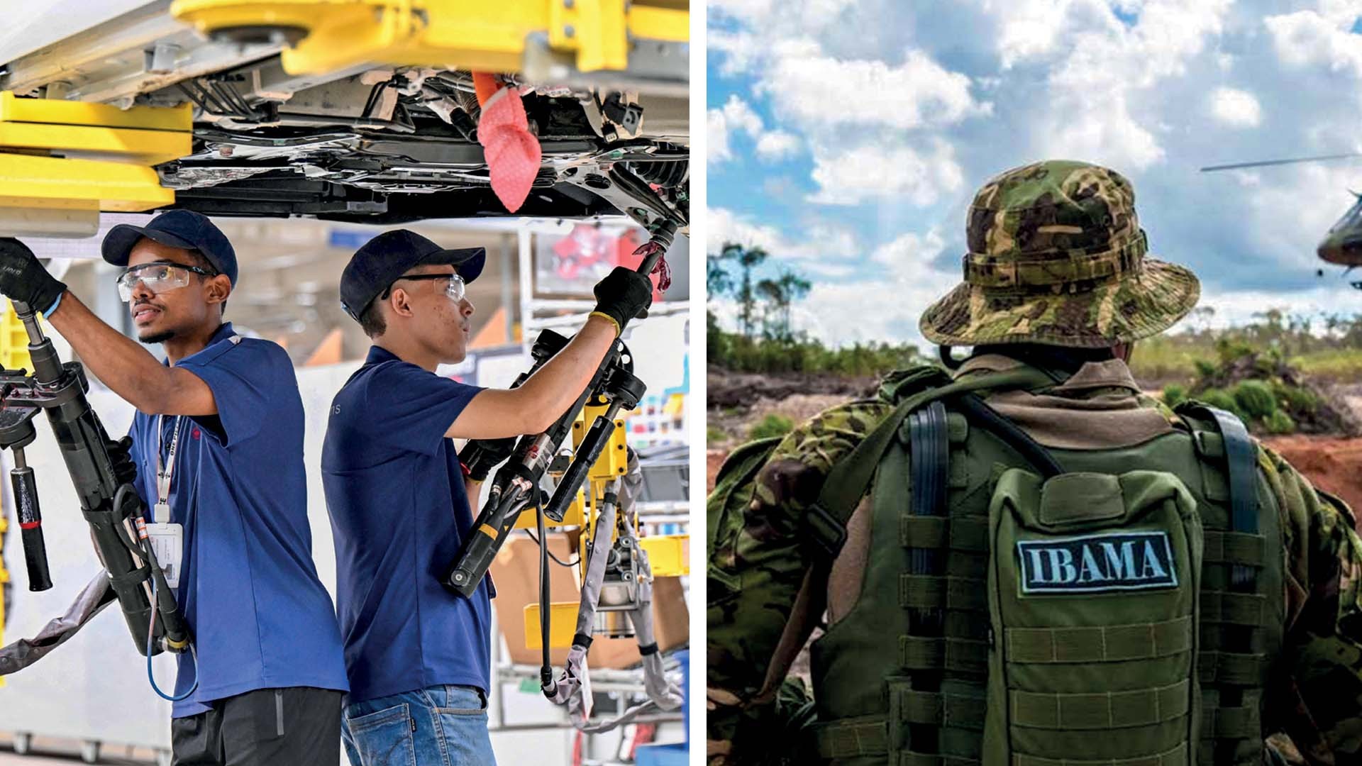 Dois homens trabalham em linha de montagem de veículos, usando bonés e óculos de proteção. Ao lado, um agente do IBAMA, de costas, com chapéu camuflado e colete tático, observa uma área de mata com um helicóptero ao fundo
