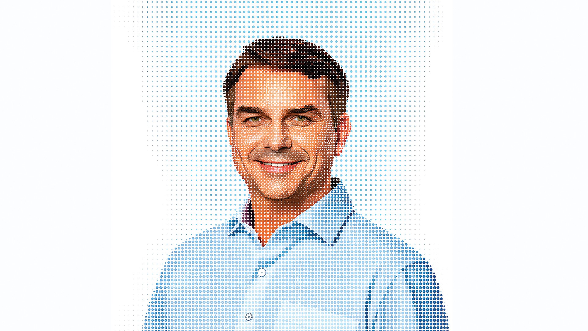 Homem de meia-idade, cabelo castanho escuro e olhos claros, sorrindo para a câmera. Ele veste uma camisa social azul clara e a imagem é composta por pontos coloridos em um fundo branco
