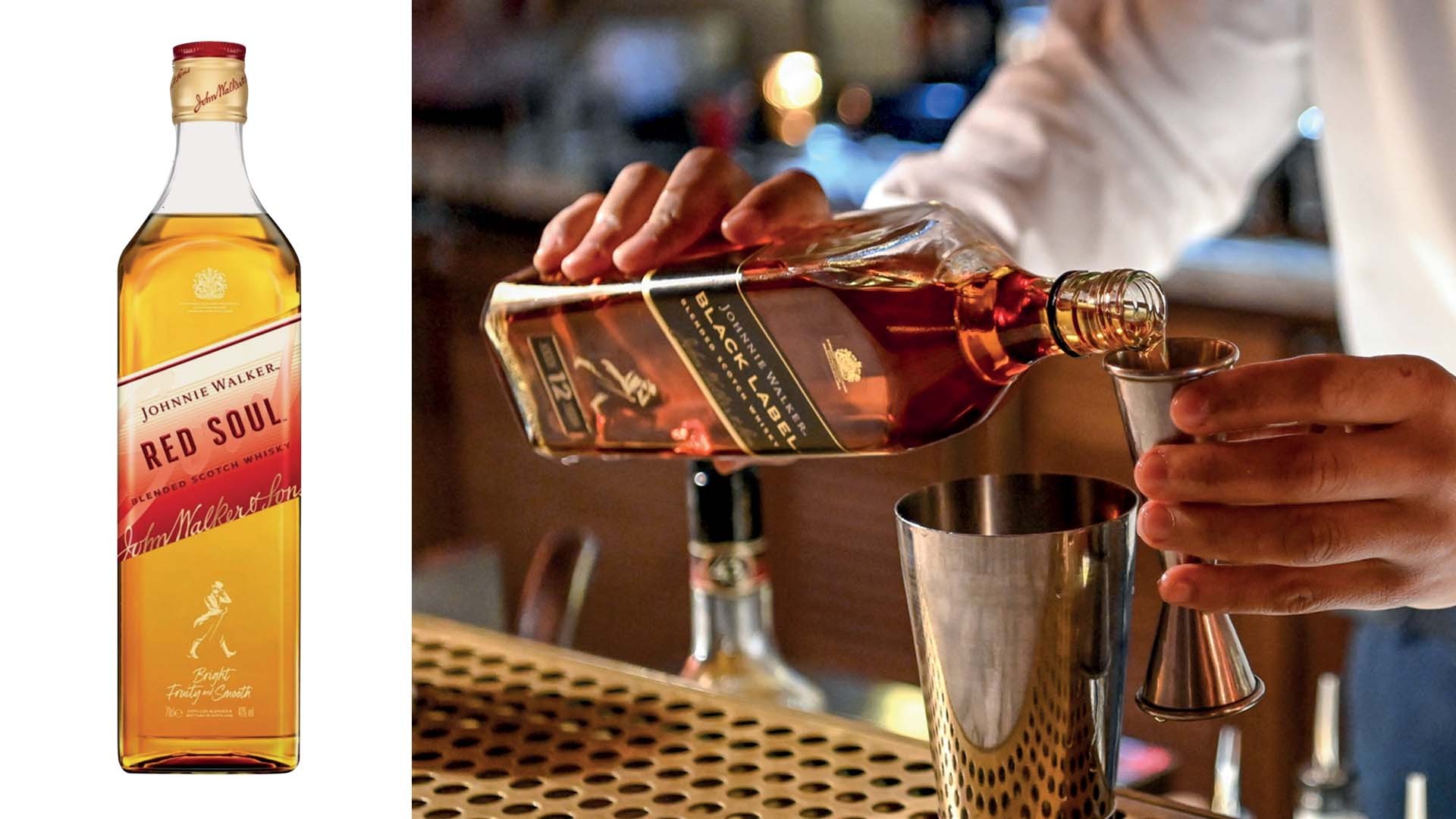 Garrafa de Johnnie Walker Red Soul à esquerda e, à direita, um bartender despejando Johnnie Walker Black Label em um dosador metálico sobre um balcão de bar