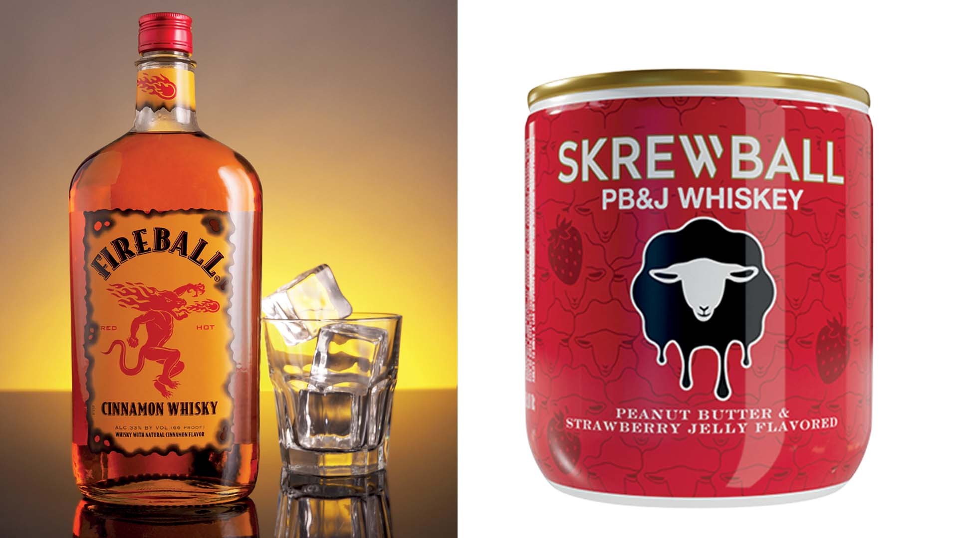 Garrafa de Fireball Cinnamon Whisky com rótulo amarelo e um copo com gelo à esquerda; à direita, lata vermelha de Skrewball PB&J Whiskey com ovelha preta e branca