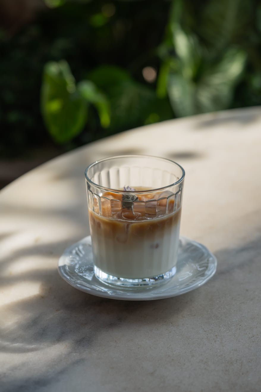 Copo de vidro com caf&eacute; gelado e leite, com cubos de gelo e uma pequena flor roxa, sobre um pires branco em uma mesa de m&aacute;rmore clara, com plantas verdes desfocadas ao fundo