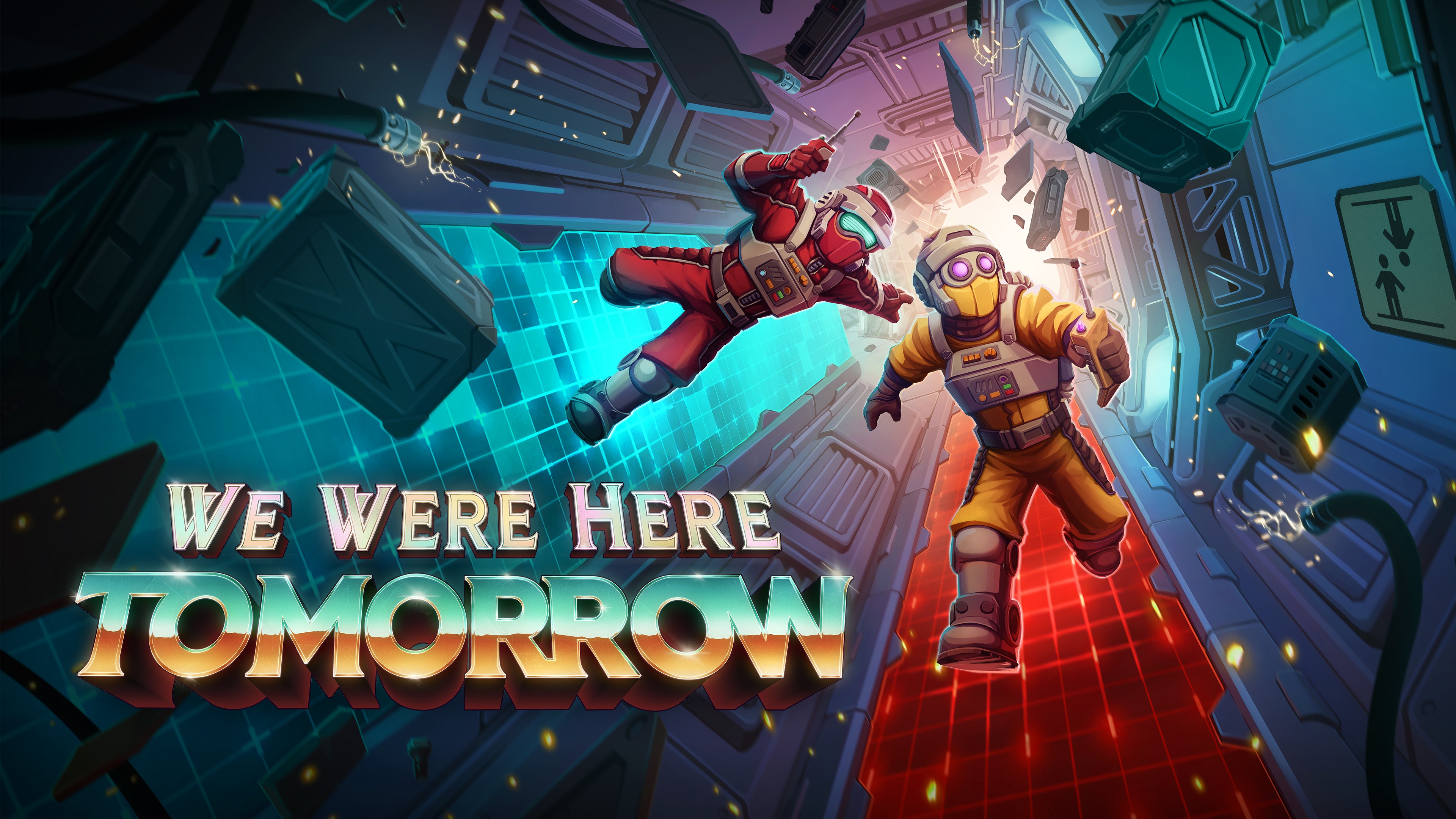 Dois astronautas, um de roupa vermelha flutuando e outro de roupa amarela correndo, em um corredor espacial futurista com luzes azuis e vermelhas, com caixas e detritos flutuando ao redor, e o título WE WERE HERE TOMORROW em destaque