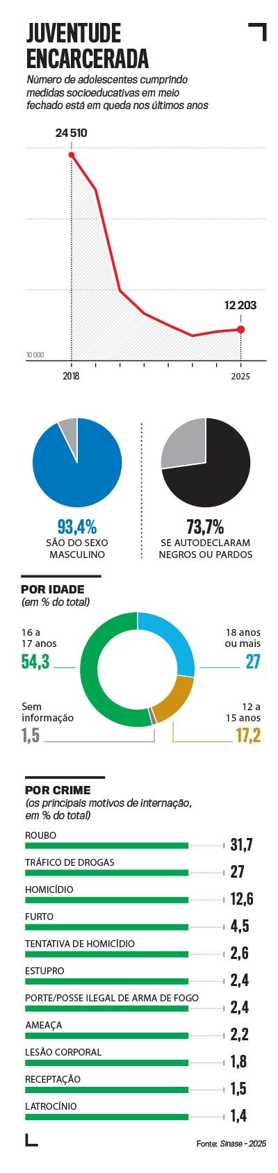 Infográfico Juventude Encarcerada com gráfico de linha mostrando queda de 24.510 em 2018 para 12.203 em 2025. Gráficos de pizza indicam 93,4% são homens e 73,7% se autodeclaram negros ou pardos. Gráfico de anel mostra 54,3% têm 16-17 anos, 27% 18 ou mais, 17,2% 12-15 anos. Gráfico de barras lista roubo (31,7%) e tráfico de drogas (27%) como principais crimes