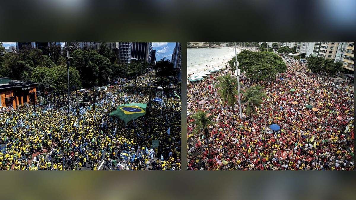 Duas imagens lado a lado de grandes manifestações populares. À esquerda, multidão vestindo amarelo e verde, com bandeira do Brasil, em rua arborizada de cidade. À direita, outra multidão vestindo vermelho e amarelo, com guarda-sóis coloridos, em calçadão de praia com coqueiros e prédios ao fundo