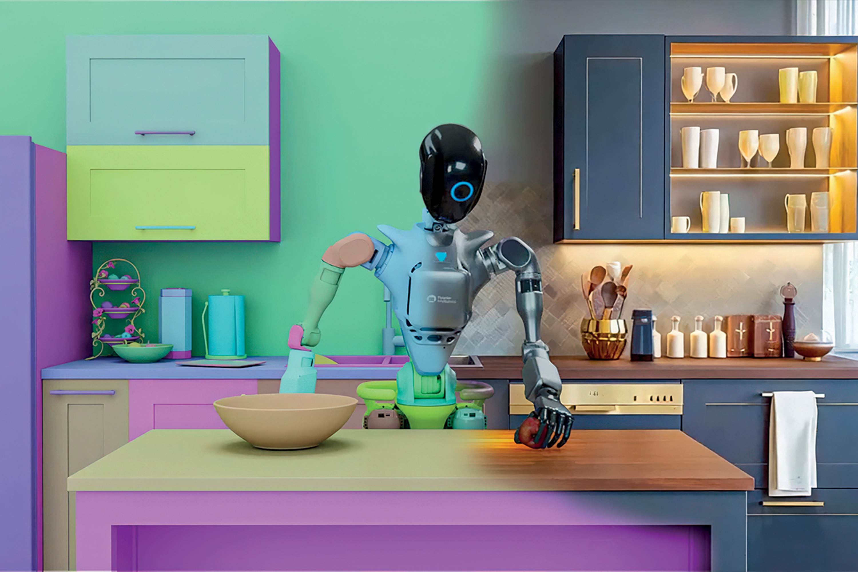 Robô humanóide com cabeça preta e corpo cinza e azul, braços coloridos, em uma cozinha dividida ao meio. À esquerda, armários verdes e roxos, bancada roxa com tigela. À direita, armários azuis, bancada de madeira com utensílios e um robô segurando uma maçã vermelha