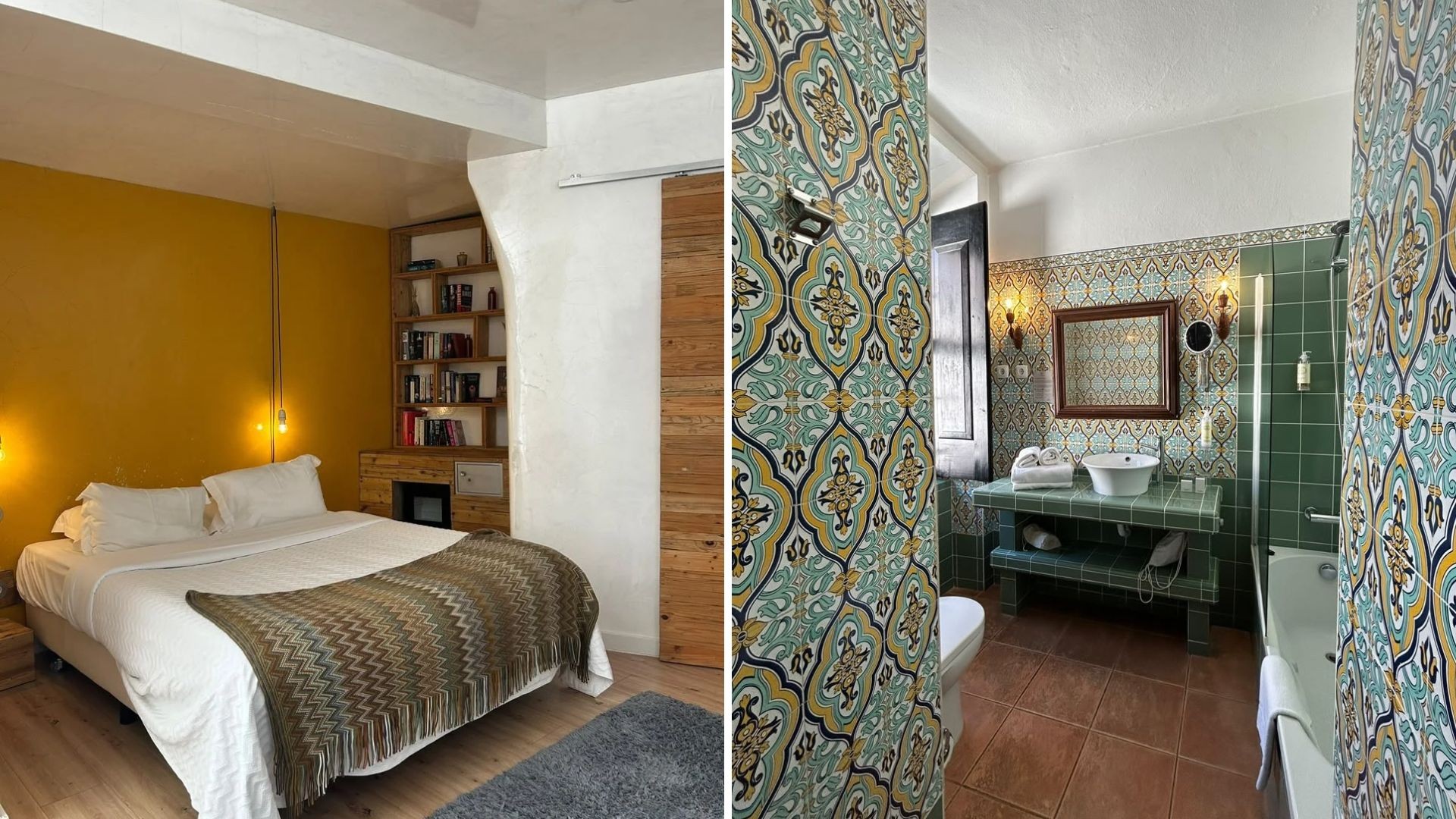 Quarto com parede amarela, cama de casal com colcha marrom e estante de madeira com livros. Ao lado, banheiro com azulejos verdes e amarelos, pia branca e espelho.