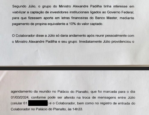 Documento com texto em português sobre captação de investidores para o Banco Master, envolvendo o Ministro Alexandre Padilha e pagamento de propina de 10%. Menciona agendamento de reunião no Palácio do Planalto para 01/03/2024, com registro de entrada do Colaborador às 14h33