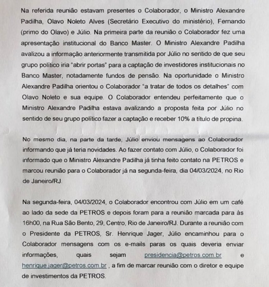 Documento com texto digitado em português, detalhando reuniões e contatos para captação de investidores e fundos de pensão, mencionando nomes como Ministro Alexandre Padilha e Olavo Noleto Alves, e e-mails de contato da PETROS