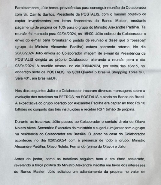 Documento com texto em português detalhando negociações, reuniões e tratativas envolvendo Júlio, um Colaborador, o Ministro Alexandre Padilha e outras pessoas, mencionando valores e datas de 2024, em Brasília