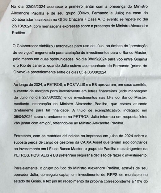 Documento de texto em português brasileiro detalhando encontros, voos e investimentos envolvendo o Ministro Alexandre Padilha, seu grupo e empresas como PETROS, POSTALIS e Banco Master, com datas e menções a propinas