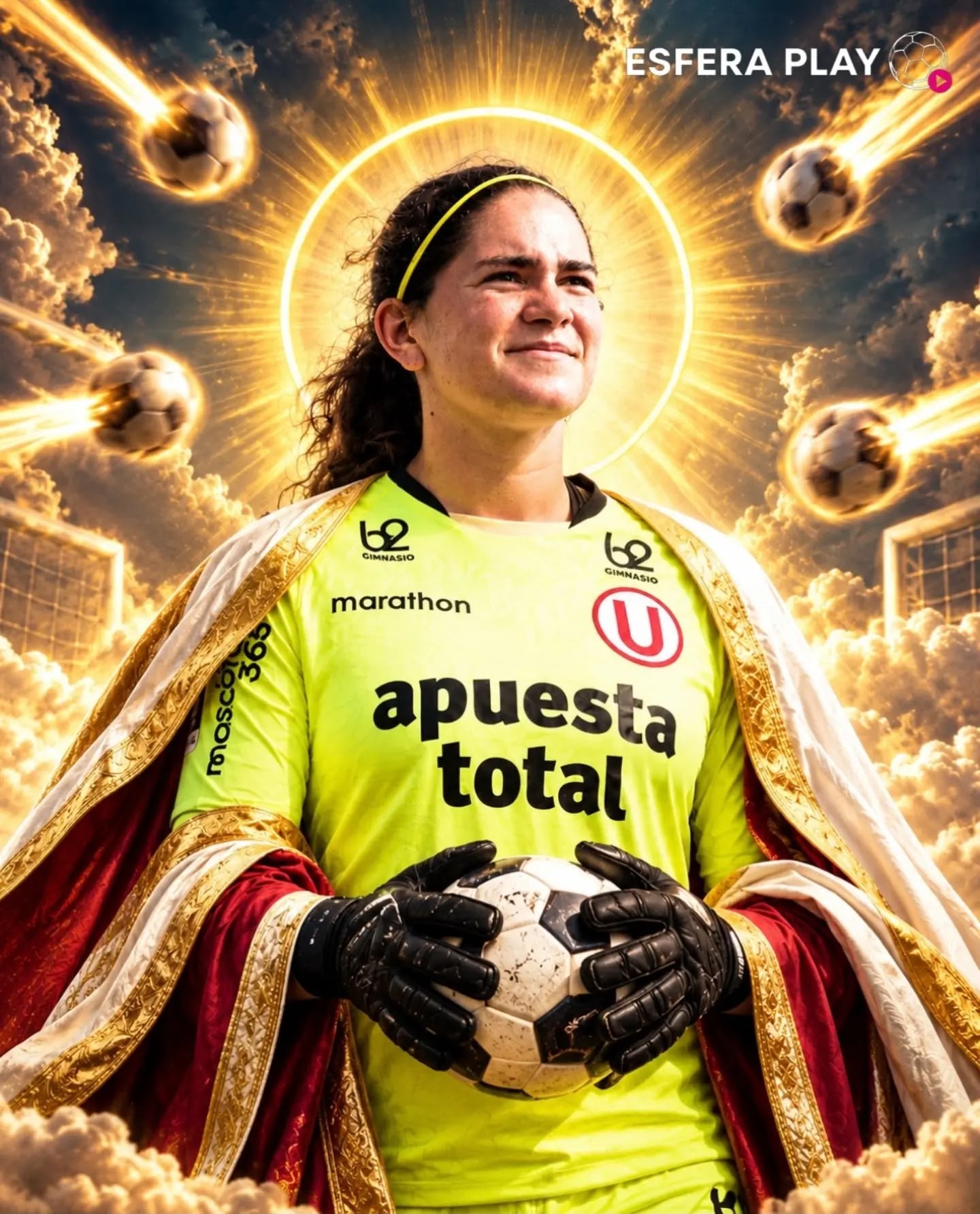 Goleira de futebol sorrindo, com auréola dourada e manto vermelho e dourado, segurando uma bola. O céu tem nuvens e bolas de futebol em chamas.