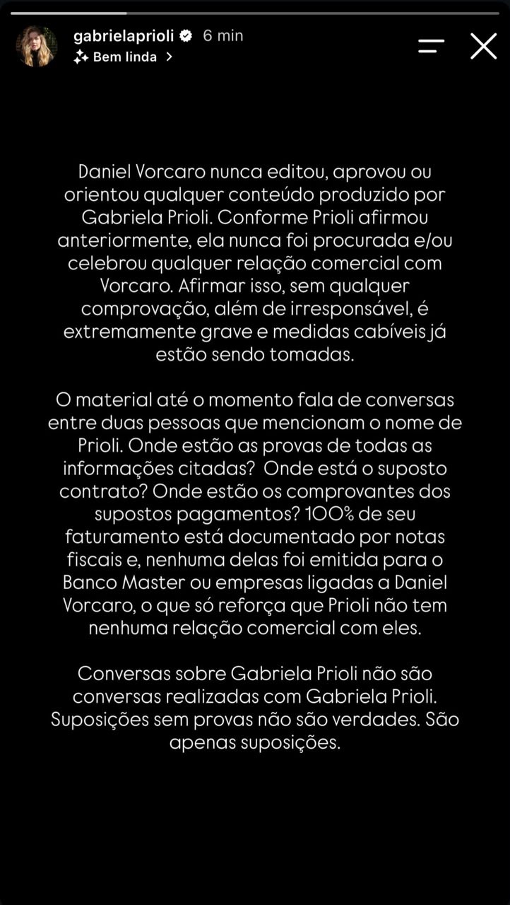 Texto em português brasileiro sobre Gabriela Prioli e Daniel Vorcaro, afirmando que ela não tem relação comercial com ele e questionando provas de supostos pagamentos e contratos, com fundo preto e letras brancas