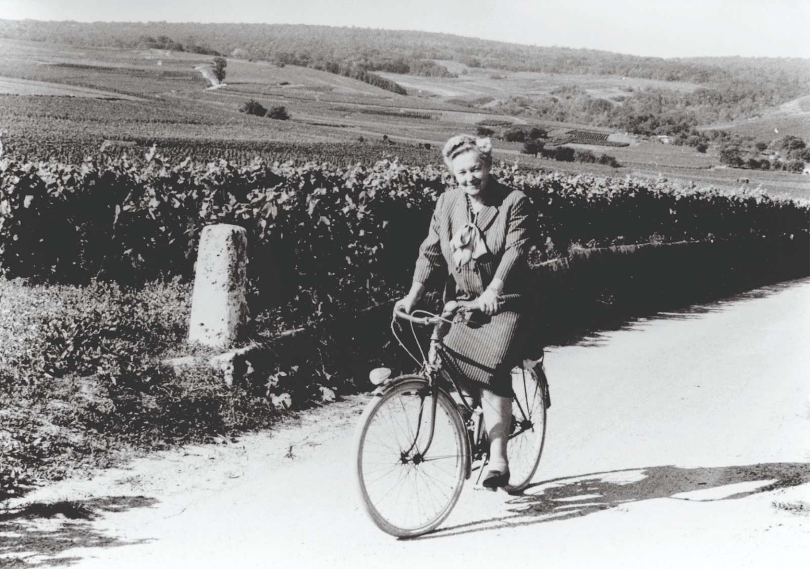 Mulher sorridente de meia-idade, com cabelo preso e blusa listrada, pedalando uma bicicleta em uma estrada de terra. Ao fundo, vinhedos se estendem por colinas sob um céu claro. Uma pedra marcadora está à esquerda da estrada.