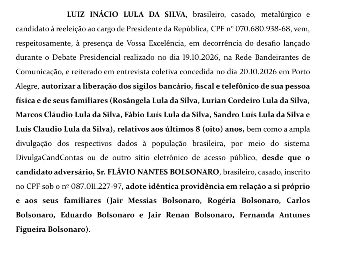 Documento formal com texto em português brasileiro, onde Luiz Inácio Lula da Silva autoriza a liberação de sigilos bancário, fiscal e telefônico de si e de seus familiares, desde que Flávio Nantes Bolsonaro adote providência idêntica para si e seus familiares
