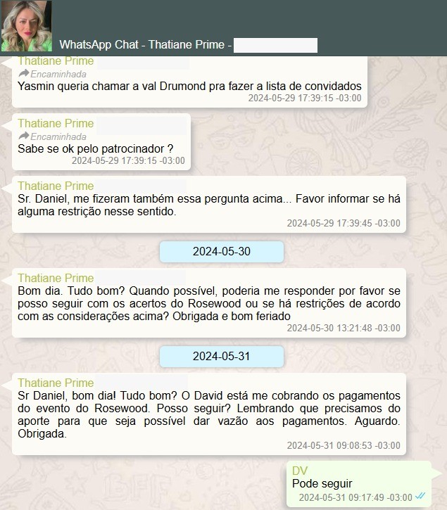 Captura de tela de um chat do WhatsApp com mensagens de Thatiane Prime e uma resposta de DV, discutindo pagamentos e convidados para um evento Rosewood
