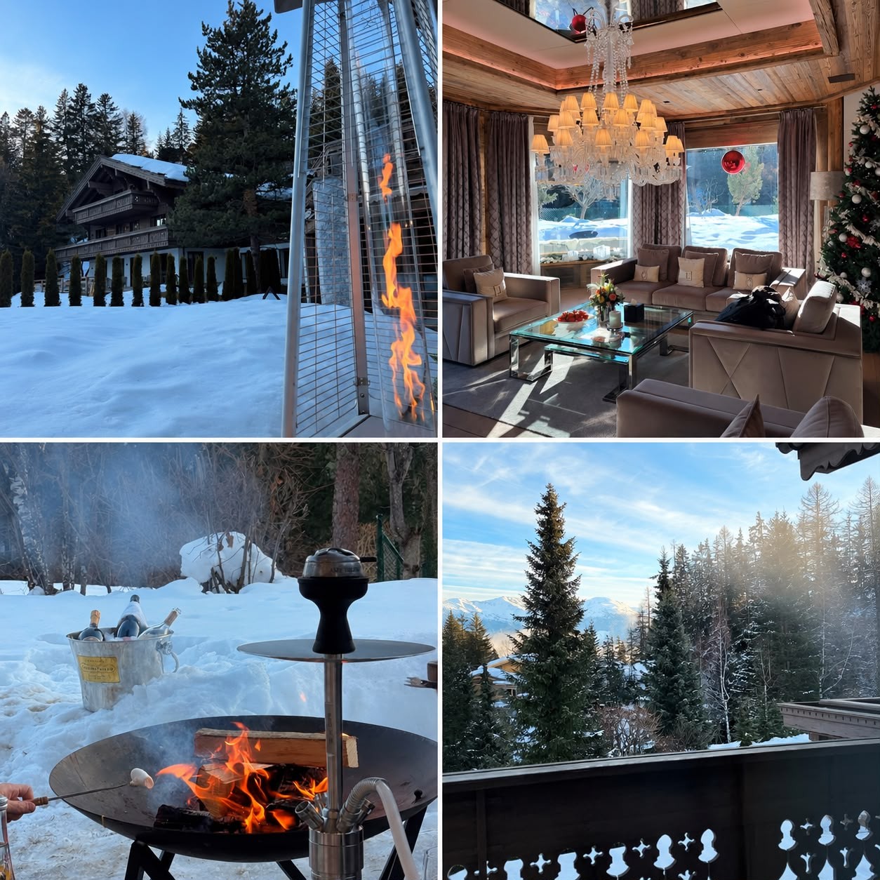Quatro imagens de inverno: superior esquerda mostra um aquecedor externo com chamas e uma casa de madeira coberta de neve; superior direita exibe uma sala luxuosa com sofá, mesa de centro e árvore de Natal; inferior esquerda apresenta uma fogueira com marshmallows e um narguilé na neve; inferior direita mostra uma vista panorâmica de montanhas e floresta nevada sob céu azul