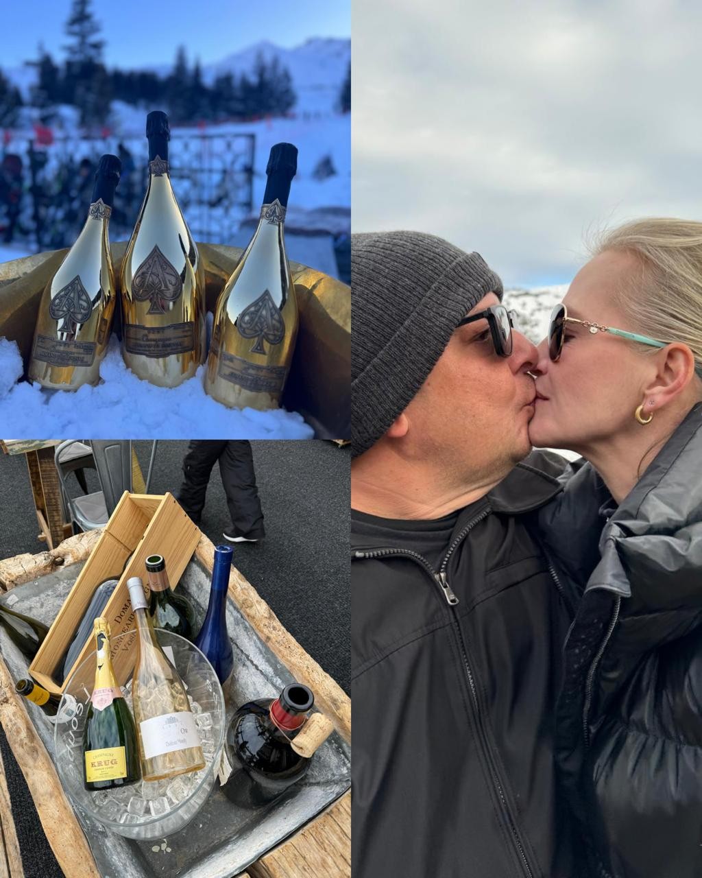 Colagem de quatro fotos: três garrafas douradas de champanhe em balde de gelo na neve; um casal se beijando, ele de gorro e óculos escuros, ela de óculos e brinco dourado; garrafas de vinho e champanhe em balde com gelo; e o casal se beijando novamente