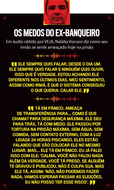 Manchete OS MEDOS DO EX-BANQUEIRO com foto de um homem de rosto sério em fundo vermelho, e texto em amarelo sobre ameaças na prisão