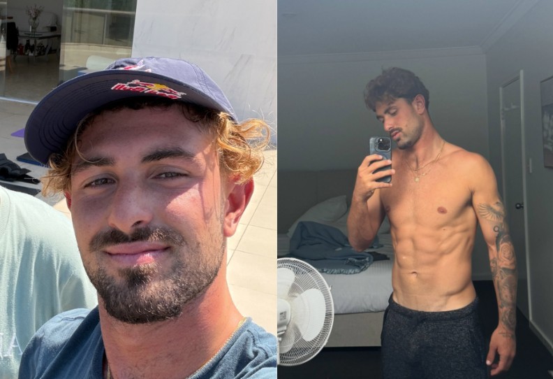 Montagem de duas fotos: à esquerda, um homem jovem de barba e boné azul sorri para a câmera; à direita, o mesmo homem, sem camisa, com abdômen definido e tatuagem no braço esquerdo, tira uma selfie no espelho