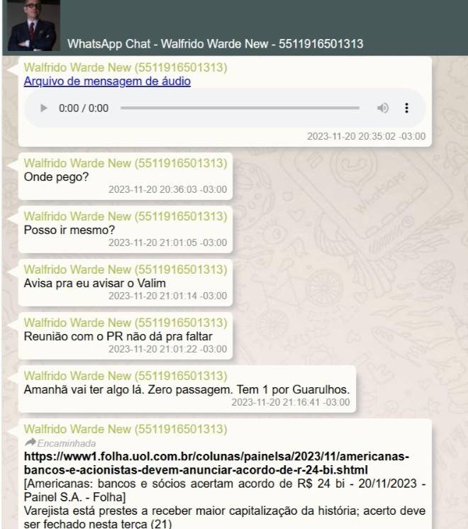 Captura de tela de um chat do WhatsApp com mensagens de Walfrido Warde New, incluindo um áudio, perguntas sobre onde pegar e se pode ir, um aviso para Valim, uma reunião com o PR e informações sobre passagem para Guarulhos. A última mensagem é um link da Folha de S.Paulo sobre o acordo de R$ 24 bilhões da Americanas
