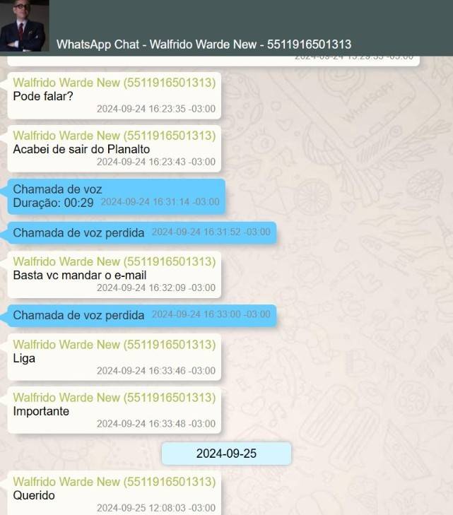 Captura de tela de um chat do WhatsApp com mensagens de Walfrido Warde New, incluindo Pode falar?, Acabei de sair do Planalto, Basta vc mandar o e-mail, Liga e Importante, intercaladas com chamadas de voz perdidas e uma chamada de voz de 29 segundos