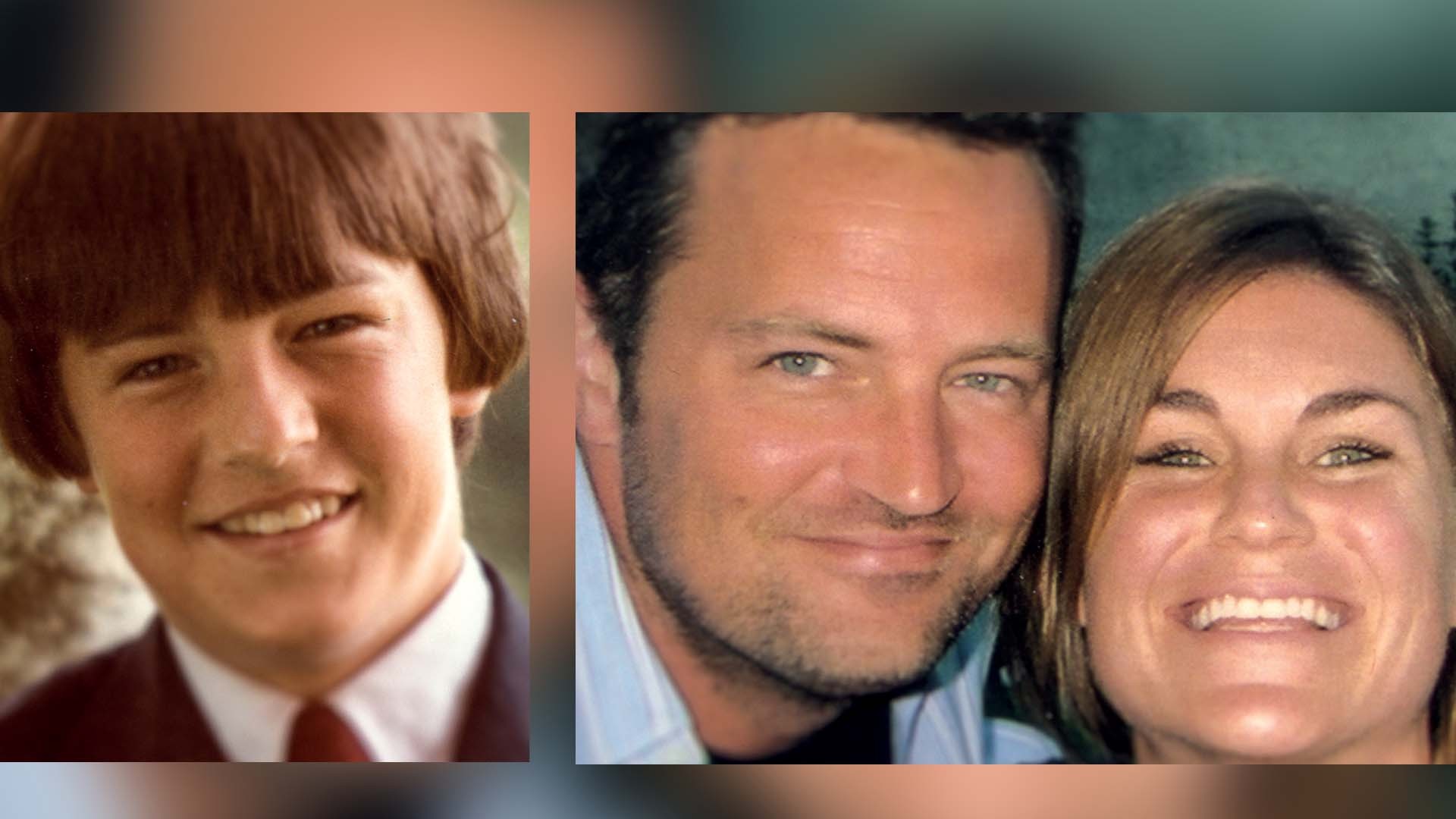 Montagem de três fotos: à esquerda, um menino de cabelo castanho e franja, sorrindo, vestindo terno escuro e gravata vermelha. À direita, um homem e uma mulher adultos, ambos sorrindo, com o homem à esquerda e a mulher à direita, ambos com cabelos castanhos