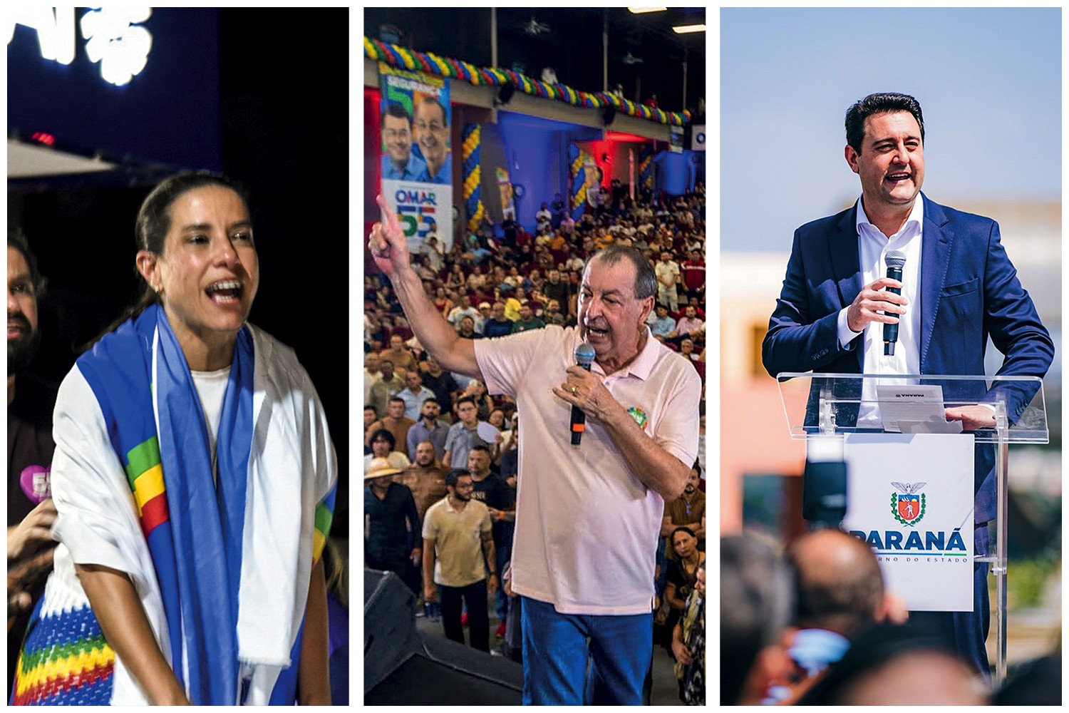 Três políticos em eventos públicos: uma mulher sorridente com bandeira do Brasil, um homem de camisa rosa discursando para a multidão, e outro homem de terno azul falando em púlpito com o brasão do Paraná