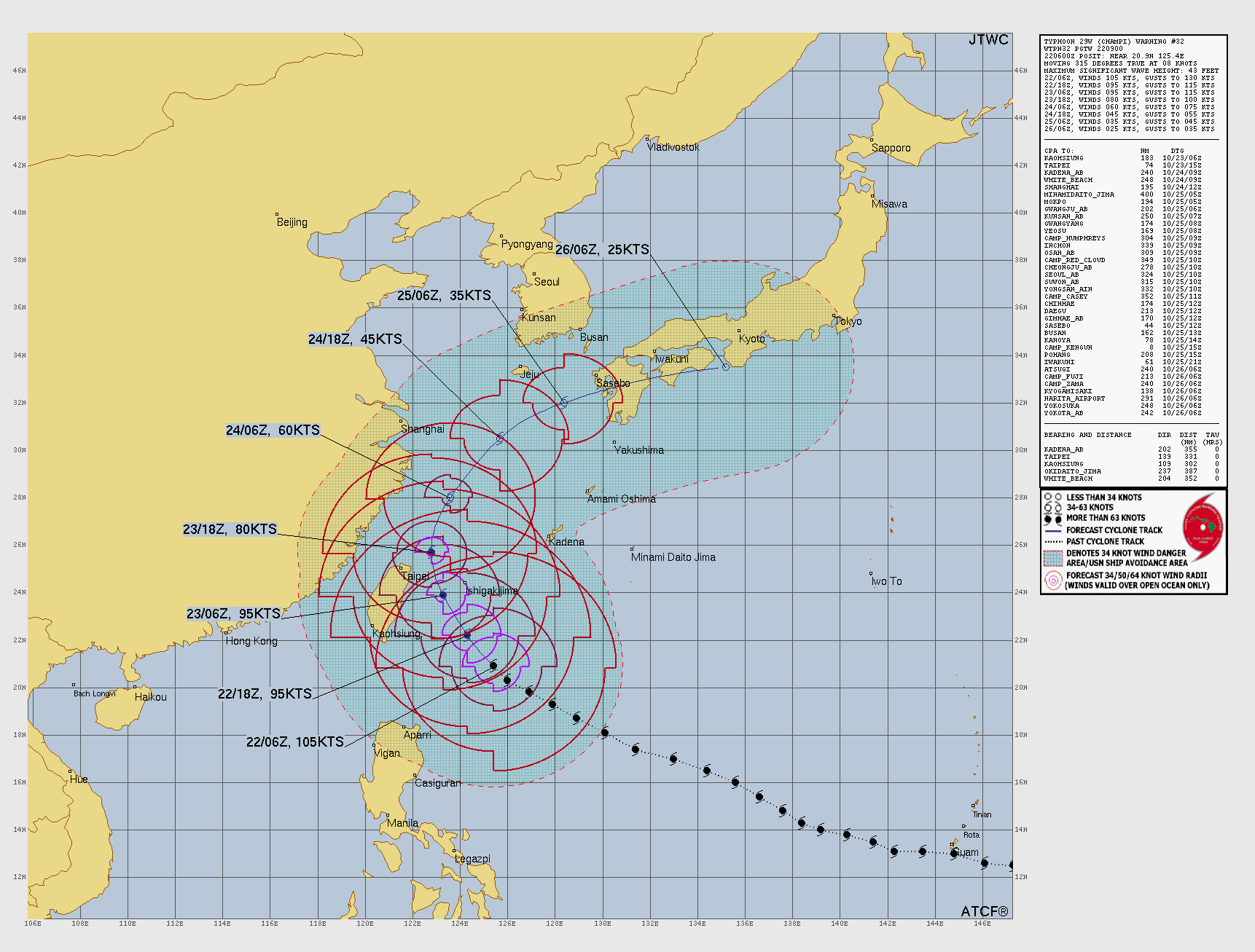 Mapa meteorológico do Pacífico Ocidental, mostrando a trajetória de um ciclone tropical com círculos concêntricos indicando a área de previsão e intensidade do vento, afetando a China, Taiwan, Filipinas e Japão. A legenda detalha a velocidade do vento em nós e o histórico do ciclone.